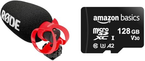RØDE VideoMicro II – Ultra-kompaktes Richtrohrmikrofon für Kamera oder Mobilgerät, mit XLR & Amazon Basics MicroSDXC-Speicherkarte, 128 GB, mit SD-Adapter