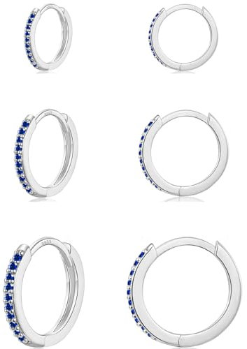 WOVEE 3 Paar Creolen Silber 925 Blau, Ohrringe Silber Set (8mm/10mm/12mm) Hypoallergen Huggies Ohrringe Creolen Klein mit Blau Zirkonia für Damen Herren Mädchen