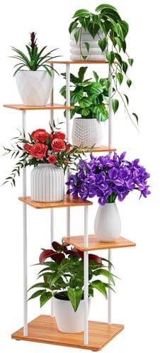 ALTORICO 6 Niveaux Support pour Plantes, 112 cm, Étagère pour Plantes en Métal Bois, Porte Plantes D'intérieur pour Plusieurs Plantes, Support Pot de Fleur le Balcon du Jardin, Salon, Bureau, Blanc