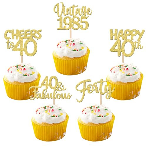 30 Stück Vintage 1985 Cupcake Toppers Glitzer Happy 40th Geburtstag Tortendeko Cheers to 40 Fabulous Forty Kuchen Deko für 40th Geburtstag Hochzeit Jahrestag Party Gold