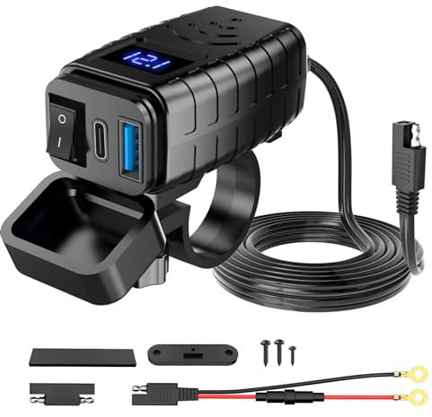 UrbanHomes Prise USB 12V Moto, PD Type C & Chargeur USB avec Interrupteur Marche/arrêt, 6.4A Quick Charge 3.0 Prise USB-C pour 12V ~24V Moto Camping-Car Bateau, Noir