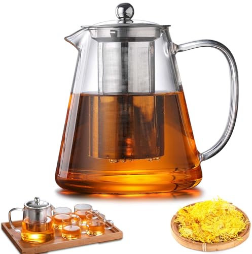 Tetera con colador y tapa, 1300 ml, tetera de vidrio borosilicato, tetera de cristal con filtro extraíble, tetera de cristal, resistente al calor, para té suelto, té de fruta, té perfumado