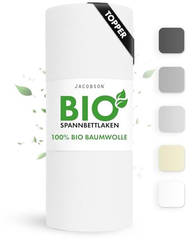 Jacobson Bio Spannbettlaken Topper 100x200cm Baumwolle Spannbettlaken, GOTS zertifiziertes Bettlaken, 160g/m² Jersey Spannbetttuch (Topper 100x200, Weiß)
