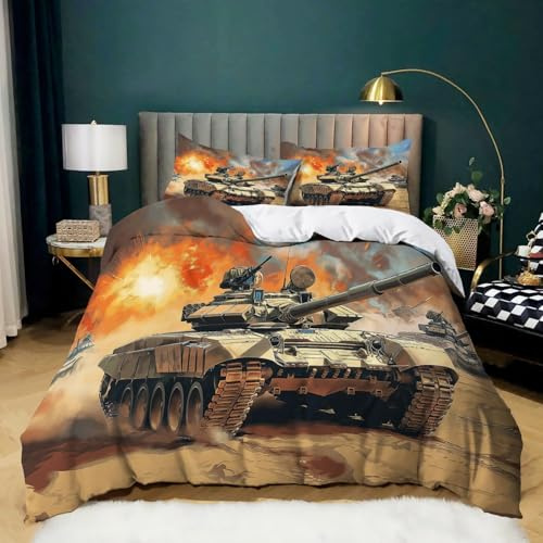Bettwäsche Sets Armee Kampfpanzer 135 cm x 200 cm Bunt, Bettwäsche-Sets 3 Teilig mit 2 Kissenbezug, Premium Drucken Weiche Mikrofaser Bettbezüge Sets mit Reißverschluss