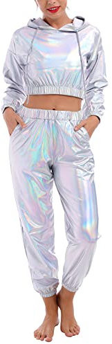 Odizli Jogginganzug Damen Set Glitzer Metallic 70er 80er 90er Jahre Outfit Langarm Kapuzen Bauchfrei Crop Top+Cargohose Jogginghose 2tlg Trainingsanzug Fitness Gym Workout Sportanzug Laser Silber XL