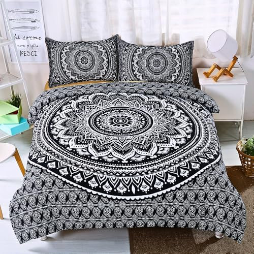 Nayoroom Bettwäsche 140x200 Boho Schwarz Mandala Blumen Bohemian Bettbezug 2er Set Weiß Vintage Blümchen Aesthetic ÖKO-TEX Renforce Microfaser Wendebettwäsche Reißverschluss und 1 Kissenbezug 70x90 cm