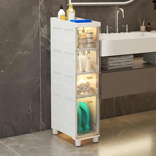 Armoire de rangement empilable de salle de bain avec tiroirs en plastique transparent de grande capacité, porte-papier toilette, armoire sur roulettes, armoire étroite pour petits espaces