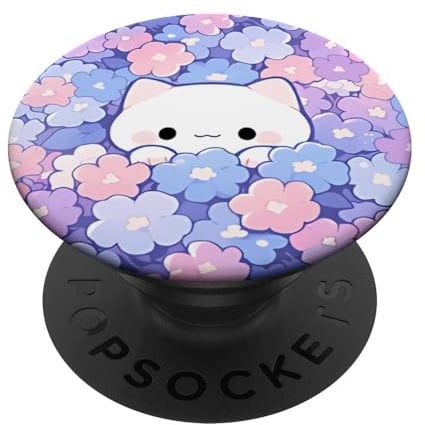 Kawaii süße weiße Katze, die Sich im Frühlingsblumen-Design versteckt PopSockets Klebender PopGrip