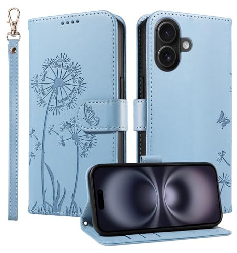 Trugox Wallet Case for Apple iPhone 16 Phone Case Leather Dandelion with Credit Card Holder Purse Kickstand Folio Book Folding Flip Case Cover Women Shockproof - Azure