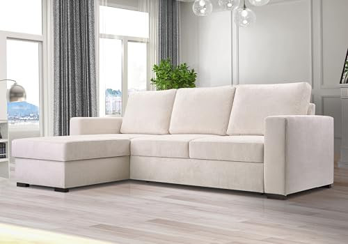 L-förmiges Ecksofa mit Stauraum, weißer weicher Stoff, linke oder rechte Ecke, modernes Design und Komfort, platzsparende Möbel für kleine Wohnzimmer und Wohnungen.