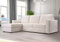 L-förmiges Ecksofa mit Stauraum, weißer weicher Stoff, linke oder rechte Ecke, modernes Design und Komfort, platzsparende Möbel für kleine Wohnzimmer und Wohnungen.