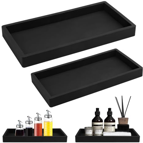 2 Stück Silikon Badezimmer Tablett Deko, Dekotablett Deko Tablett,Badezimmertablett, Badezimmer Tablett Organizer,Schminktisch Tablett, für Tücher, Kerzen, Kosmetik (Schwarz)