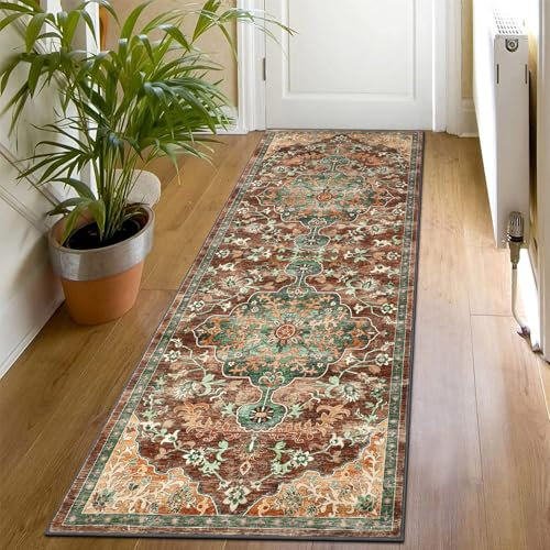 SHACOS Kurzflor Teppich Läufer Flur 60x180 cm Flauschiger Teppichläufer Flur rutschfest Boho - Küchenteppich Waschbar- Vintage Teppich Läufer für Flur, Küche, Schlafzimmer, Rot
