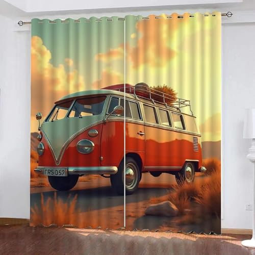 Generisch Retro Tour Bus Auto 3D Vorhänge Blickdicht Mit Ösen 2Er Set,Kinder Gardine Verdunkelungsgardine Für Wohnzimmer Schlafzimmer Kinderzimmer Dekoration,H 160CM X B 100CM,B4