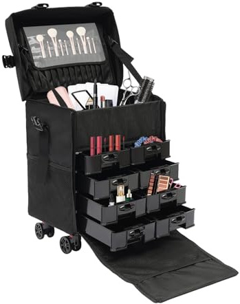 2 in 1 Kosmetikkoffer Trolley, Make up Koffer mit Rädern, Professioneller Schminkkoffer Beauty Case Nageldesign Koffer, Multikoffer Ideal für Reisen, Friseure, Visagisten, Schwarz