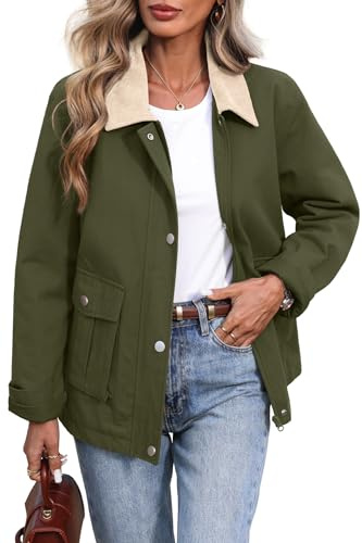 ELLEVEN Padded Barn Jackets for Women Oversized Fall Utility Corduroy Collar Coat, Cotton Outerwear with Pockets