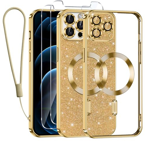 Tikfrlo Glitter Magnétique Coque pour iPhone 12 Pro Max avec Cordon, Compatible avec MagSafe Antichoc Brillant Paillette Housse Étui Transparent Protection Case avec 2 Verre Trempé pour Femme Or