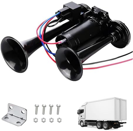 Air Horn 12V 600DB, Universal 12V Dual Trumpet Air Horn Kit, Truck Train Air Horns with Compressor, Double Tube Train Horn, Dual Trumpets for Truck, Train, Car, Van, Black