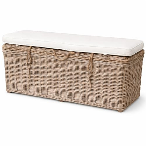 Vintage Line Landhaus Truhenbank Sylt aus Natur-Rattan mit gepolsterter Sitzauflage, Sitzbank mit Stauraum, 120 x 52 x 44 cm, Flurbank im Landhausstil
