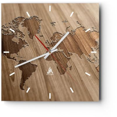 Modern Wanduhr Geographie Globus Karte 30x30cm Quadrat Klein Wand Uhr Glas Analog Zimmeruhren Küche Büro Wohnzimmer Glasuhr Wall Clock Dekoration Design Wanddekoration Küchenuhr C3AC30x30-3042