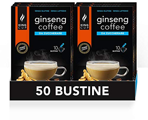 King Cup - 5 Confezioni da 10 Bustine Solubili di Ginseng da Zuccherare, 50 Stick da 6 Gr per Bevanda al Gusto di Ginseng da Aggiungere a 60 Ml di Acqua Calda, Senza Glutine e Senza Lattosio