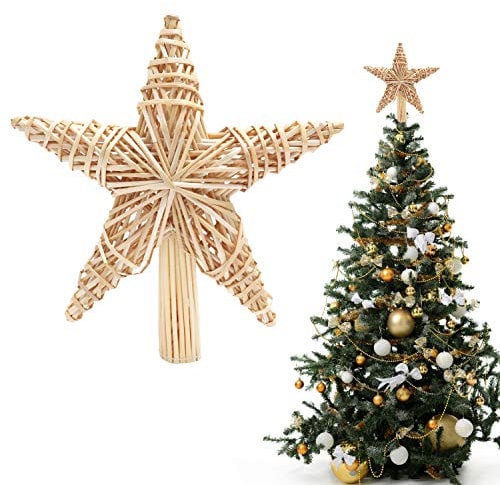 BELLE VOUS Christmas Tree Toppers - (27 x 25cm) Natural Handmade Straw Star Tree Topper - 3d Design Star Xmas Tree Topper Ornament - Straw Star Lace Christmas Tree Decoration Home Xmas Party Décor