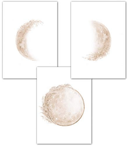 double critical Lemmami Papeterie 3er Set Poster Wandbilder Mondphasen Pampas-Gras Boho Deko Bilder DIN A4 Wohnzimmer Schlafzimmer Dekoration (3er Bilder Set beige, Wanddeko)