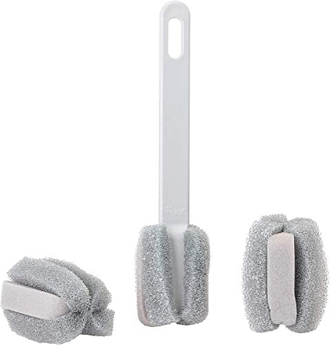Vigar Essential Glass and Bottle Scrubber with 2 Refills, Combination Sponge Brush Head, Non-scratch, Hanging Loop, Dishwasher Safe