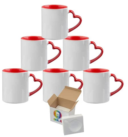 MR.R Set mit 6 Sublimationsbechern, blanko, 333 ml, spülmaschinengeeignet, Keramikbecher, Sublimationsbecher, blanko, klassische Tasse mit rotem Innenbecher und Herzgriff