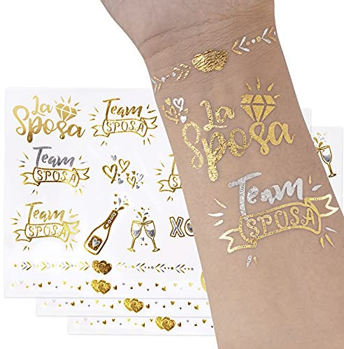 FLOFIA 54pz Tatuaggi Temporanei Sposa Gadget Amica Team Bride per Decorazioni Matrimonio Nozze Feste Addio al Nubilato Doccia Nuziale 3 Fogli Oro