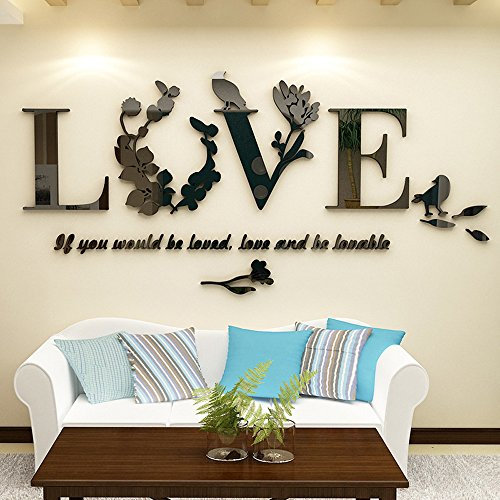 Cenlang LOVE Home Mirror Wall Stickers, 3D Crystal Leaf Love Letter Acrylic DIY Art Wall Decals Home Living Room Bathroom TV Background Decor