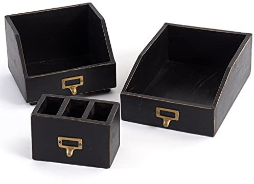 DESIGN DELIGHTS Schreibtisch Organizer Set Office | 3-teilig, Mahagoni-Holz l | rustikale Stiftehalter, Dokumentenablage, Büro Aufbewahrungskisten | Farbe: 09 Voodoo - schwarz