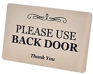 Please Use Back Door Sign - Metal, aluminium with adhesive, notice for deliveries, packages, post (Gold)