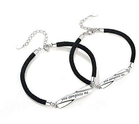 AMDXD Paar Damen Herren Pärchen Möbius Armbänder Anhänger, mit Gravur You Complete me Anhänger Partnerarmband, Herrenarmband Damenarmband, Silber Schwarz