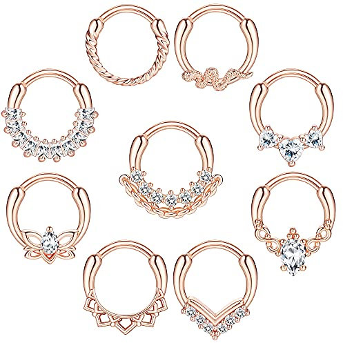 Kakonia 9stk Septum Piercing Chirurgenstahl für Damen Herren 16G Zirkonia Nasenpiercing Ring Tragus Daith Helix Piercing Ring Roségold Septum Piercing Set