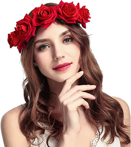 AHDMR Femme Serre-tête de Fleurs Halloween Couronne de Rose Rouge Gothique Guirlande Floral Artificielle Bandeau Cheveux Mariage Couronne Mariée Medieval Accessoires Coiffure de Deguisement Cosplay
