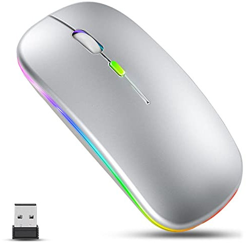 GLOBAL TECH Wireless Bluetooth Mouse, Rechargeable LED Slim Silent Mouse with Dual-Mode 2.4G & Bluetooth, USB Optical Cordless Mouse for Laptop, PC, Computer, Mac, iPad, Tablets (Silver)