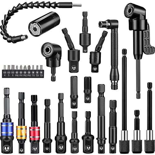 32 Pieces Flexible Drill Bit Extension Set Including 105° Right Angle Drill Attachment 1/4, 3/8, 1/2 Inch Hex Adapter Socket Bendable Magnetic Extender Universal Bit Extension Screwdrive