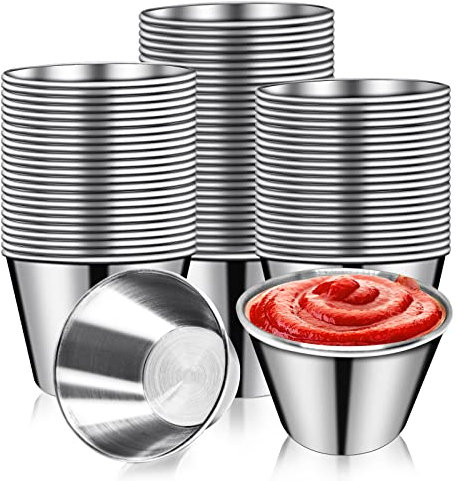 DJZZ 50 Pcs Metal Sauce Cups 2.5oz Ramekins, Stainless Steel Dipping Sauce Cups Metal Condiment Container Reusable Round Butter Dressing Restaurant Small Bowls (50)