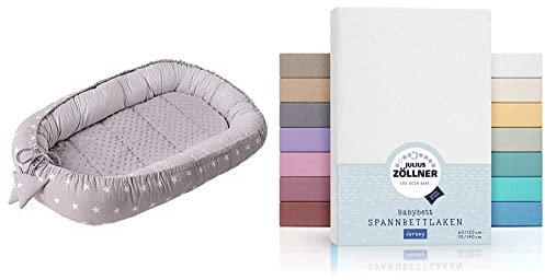 Medi Partners Babynest Kuschelnest, Reisebett für Babys Säuglinge 90x50x13cm (graue Sternen mit graue Minky) & Julius Zöllner Jersey Spannbetttuch Doppelpack, Gr. 60x120 / 70x140, weiß