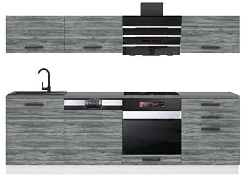 Belini Küchenzeile Küchenblock Linda - Küchenmöbel 240 cm Einbauküche Vollausstattung ohne Elektrogeräten mit Hängeschränke und Unterschränke, ohne Arbeitsplatten, Glamour Wood