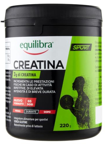 Equilibra Integratori Alimentari, a Base di Creatina, Integratore Energia per Sportivi, Incrementa le Prestazioni Fisiche in Caso di Attività Ripetitive, Senza Glutine, Barattolo 220 g