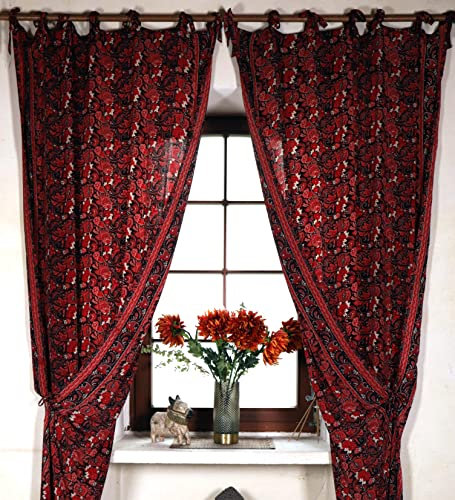 GURU SHOP Seidige Boho Vorhänge, 1 Paar Bohemia Gardine aus Sareestoff, Unikat 290 cm - Rot, Synthetisch