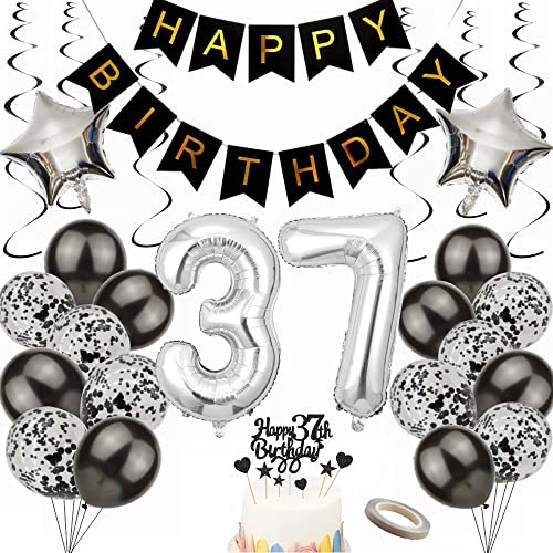 Yunchu Online Luftballon 37. Geburtstag Dekoration 37 Jahr Männer Frauen Black and Silber Party Deko 37. Geburtstag Männer Party Deko 37 Geburtstag Männer Deko Geschenk 37 jahre Geburtstag deko Ballon