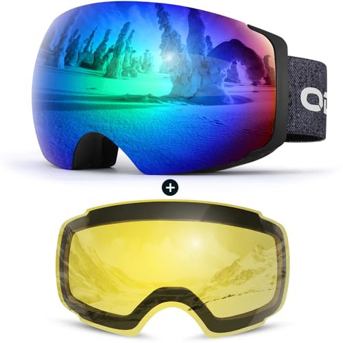 Odoland Skibrille Unisex für Damen und Herren Jungen Rahmenlose Snowboardbrille mit Magnetische Wechselglas UV-Schutz Anti-Nebel Schneebrille Helmkompatible Ski Goggles zum Skifahren Schwarz Grün