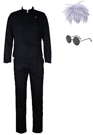SKAYWHUK Gojo Satoru Cosplay Kostüm Gojo Satoru Schuluniform Jacke Hose Brille mit Perücke für Halloween