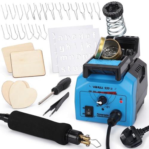 YIHUA 939-II Wood Burning Pyrography Station Kit w Adjustable Temp. Soft Grip Wood Burning Pen w 20 Wire Nibs 2 Stencils Safe Holder for DIY Engraving Craft Wood Pumpkin Caving UK Plug (4 Wood Pieces)