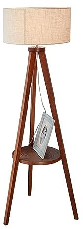 TIOCA Tripod LED Shelf Floor Lamp, Wooden Shelves, Mid Century Standing Light, Flaxen Lamps Shade,Vertical Floor Reading Lamp For Living Room, Bedroom Lighting Fixtures