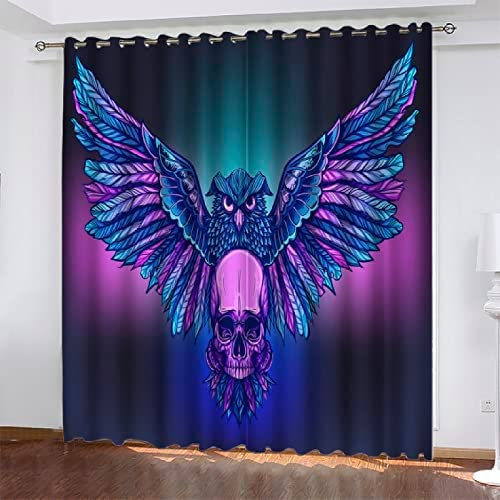 Kinder Vorhänge Schlafzimmer Abstrakte Eule Und Schädel Schiebegardinen Blickdichter Vorhang Mit Ösen Verdunkelungsgardine, Vorhänge 3D Wohnzimmer Bedroom Children's Room 2 X 183 (B) X 214 (H) cm