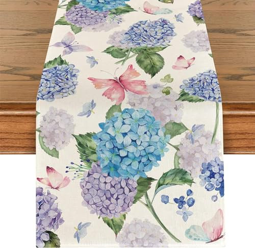 Hortensien Blumen Frühling Tischläufer Schmetterling Sommer Tischlaufer Sommer Küche Waschbar Esstisch Dekoration Tischdecke für Drinnen und Draußen Urlaub Party Wohnzimmer Dekor 40 x 180 cm